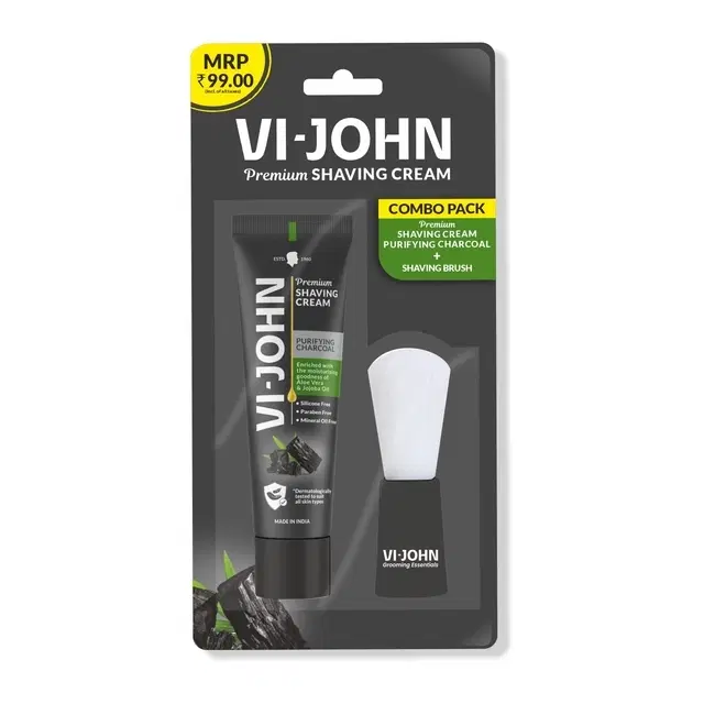 VI-JOHN Combo Pack of Purifying Charcoal shaving Cream (70g) and Shaving Brush (1PCS)