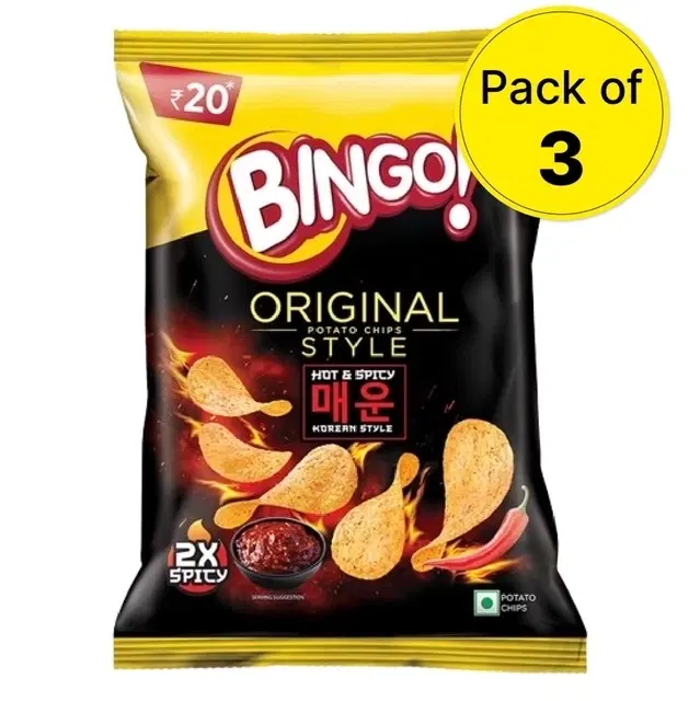 Bingo Original Style Hot & Spicy Korean Style Potato Chips 3X44.8 g (Pack of 3)