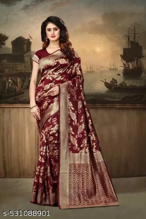Art Silk Saree for Women (Maroon, Free Size)