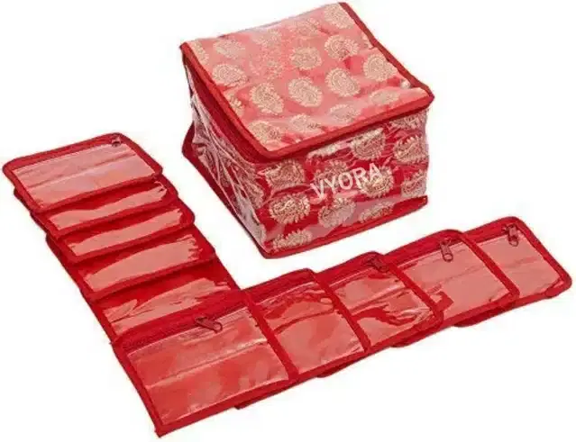 Multipurpose Storage Bag with 10 Transparent Pouches, Red, 18x18x13 cm, Set of 11