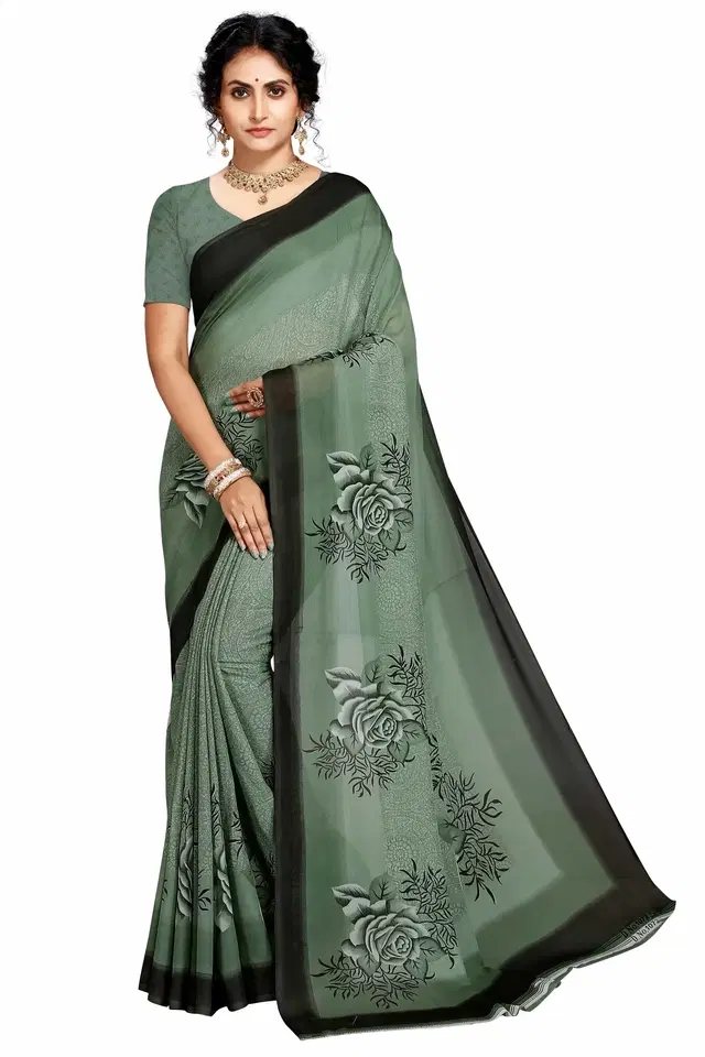 Georgette Flower Printed Saree for Women, Green (6.3 m)