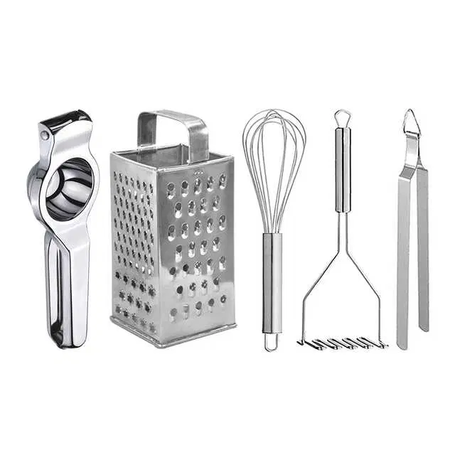 Oc9 Stainless Steel Lemon Squeezer & 4 in 1 Grater Or Slicer & Egg Whisk & Potato Masher & Roti Chimta Kitchen Tool Set, O-141