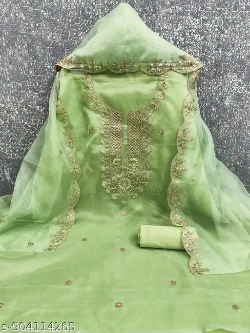 Organza Embroidered Punjabi/All Over Suits for Women (Green, Un Stitched)