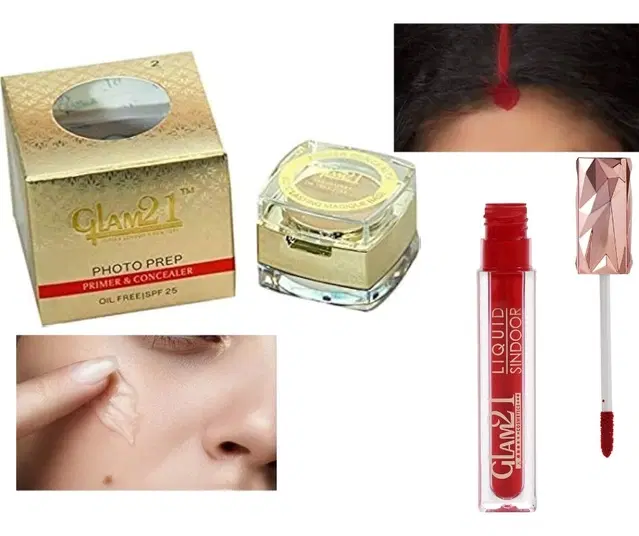 Photo Prep Oil Free Spf 25 Primer & Concealer with Water Resistant Bridal Liquid Sindoor, Red, Set of 2