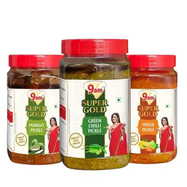9 Am Super Gold (Green Chilli Pickle + Mango Pickle + Mixed Pickle) 3X900 g