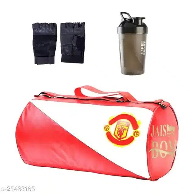 Combo of Gym Bag with Shaker Bottle, 500 ml, Gloves, Multicolor, Set of 3