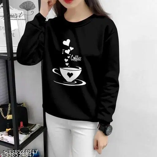 Cotton Printed Sweatshirt for Women (Black, S)