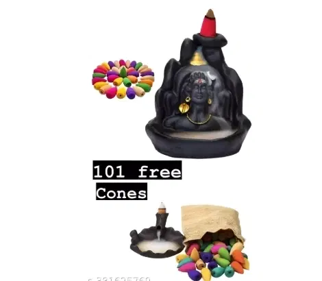 Handcrafted Adiyogi Mahadev Backflow Incense Cone Holder with Free 101 Pcs Cones, Multicolor, Set of 2