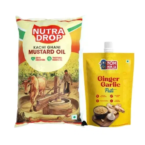 Nutra Drop Kachi Ghani Mustard Oil 825 g (Pouch) + Nom Ninja Ginger Garlic Paste 200 g