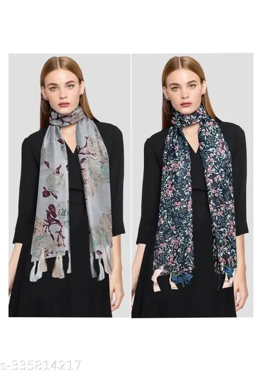Printed Chiffon Scarves with Tassels for Women, Multicolor, Pack of 2