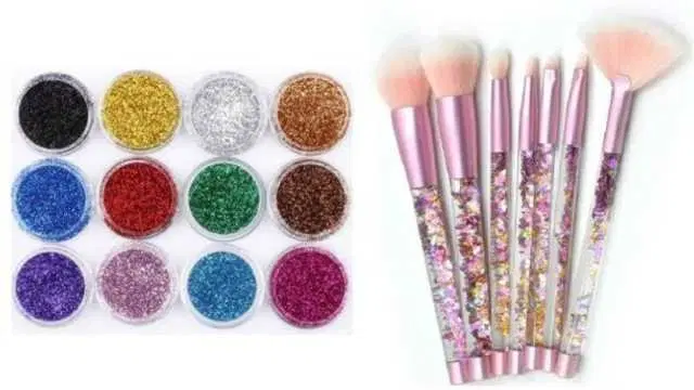 Lenon Eye Shadow Glitter Powder Set of 12 with Water Glitter Handle Brush set of 7, Pack of 19, S-87