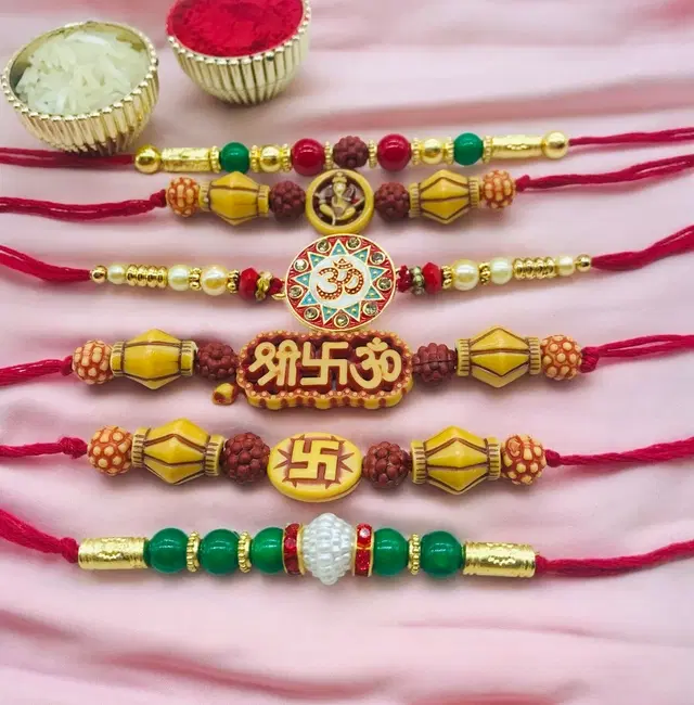 Handmade Designer Rakhi with Roli Chawal, Multicolor, Pack of 6