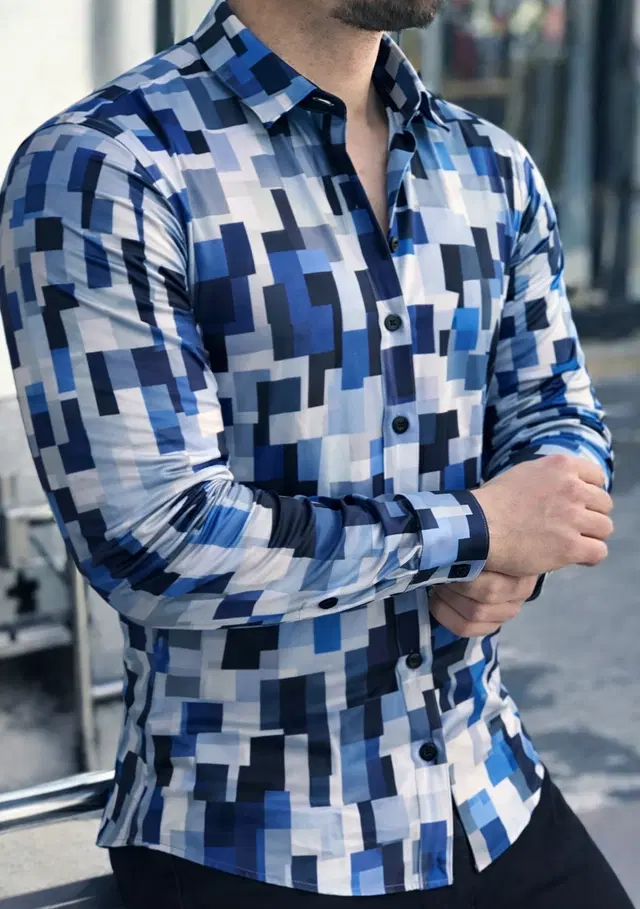 Lycra Geometric Print Shirt for Men, Blue (L)