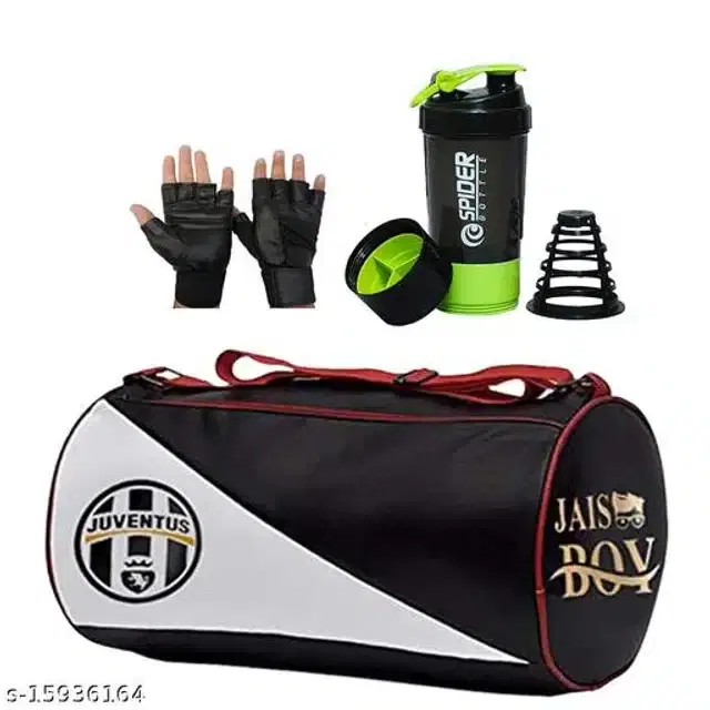 Combo of Gym Bag with Shaker Bottle, 400 ml, Gloves, Multicolor, Set of 3