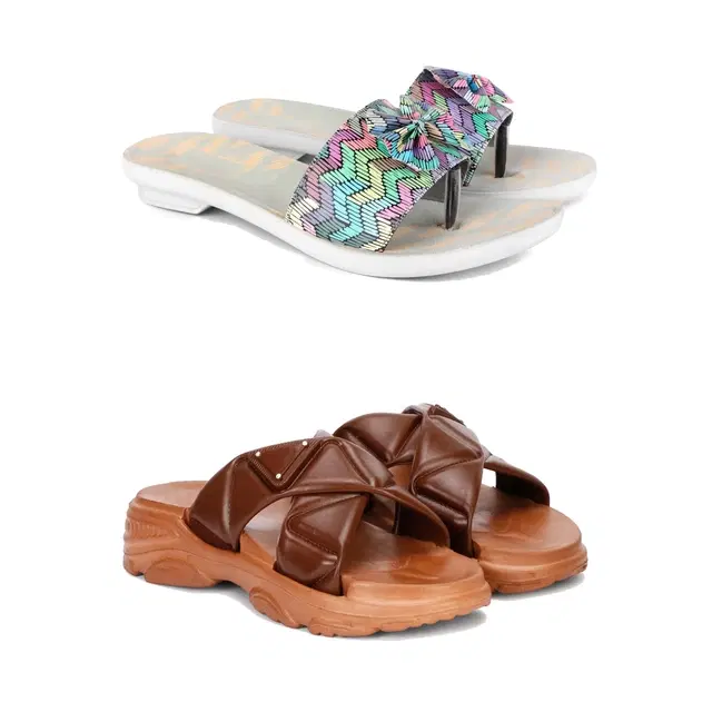 Combo of Sliders & Flats for Women, Set of 2 (Multicolor, 5)