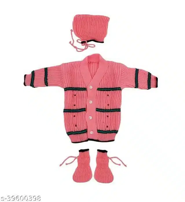 Woolen Striped Sweater with Cap & Socks for Kids (Peach, 0-3 Months)