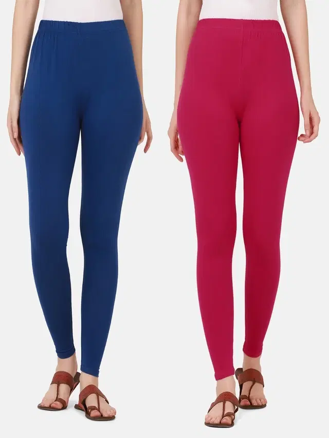Cotton Solid Leggings for Women, Pack of 2 (Royal Blue & Pink, M)