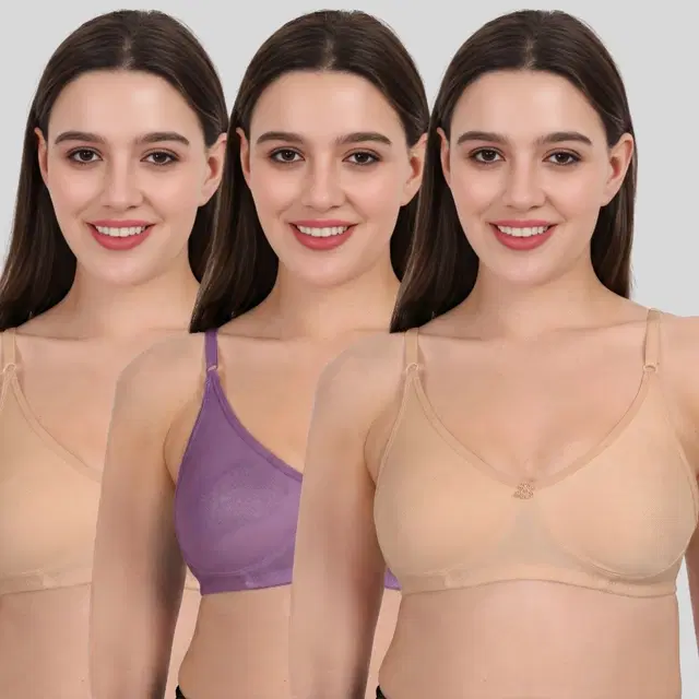 Cotton Bra for Women, Multicolour, Pack of 3 (28B)