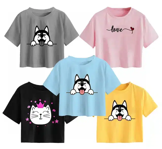 Cotton Printed Crop Tops for Girls, Pack of 5 (Multicolor, 13-14 Years)