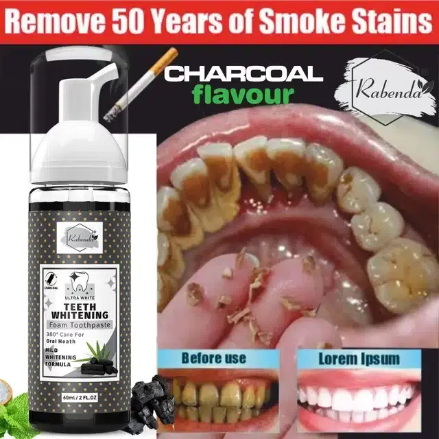 Rabenda Charcoal Teeth Whitening Foam Removes Bad Breath Fights Germs Toothpaste 60 Ml