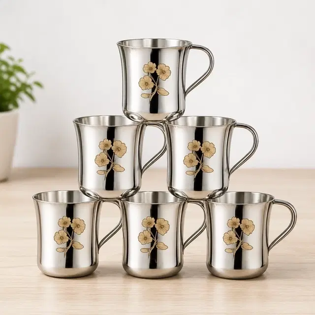 Stainless Steel Tea Cups, Silver [Pack of 6]
