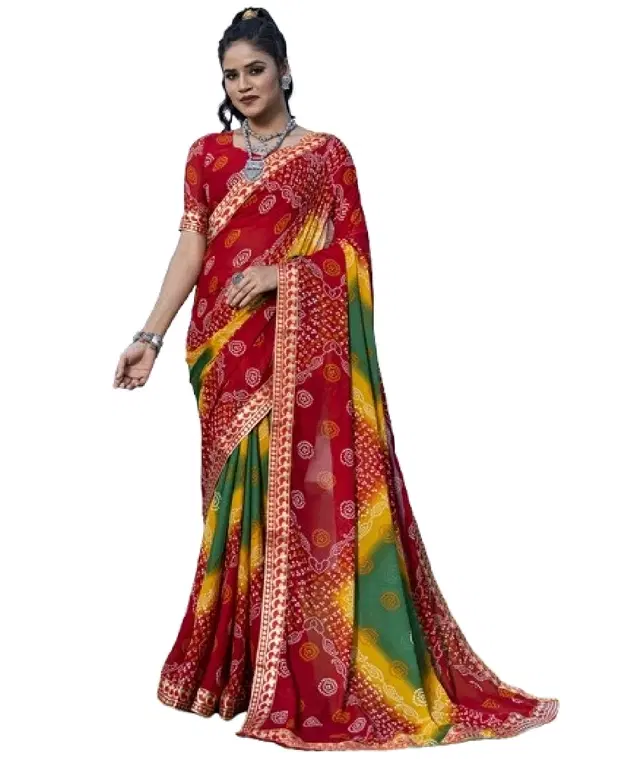 Georgette Bandhini Saree for Women, Red