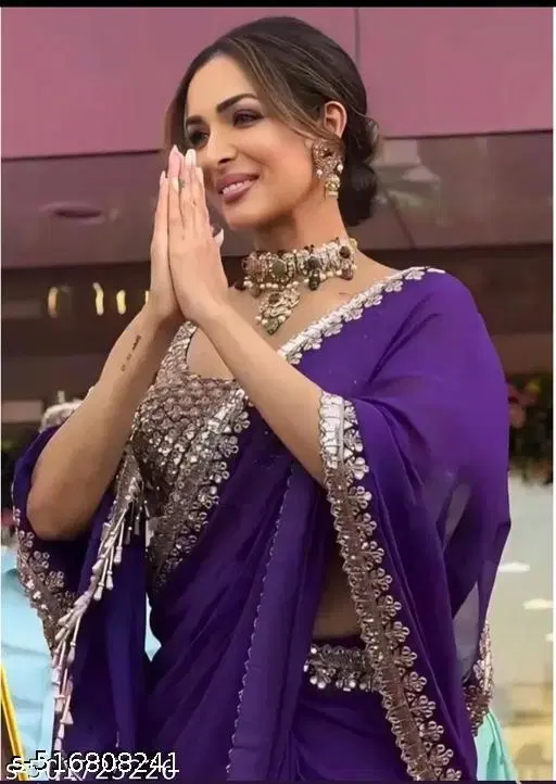 Georgette Solid Saree For Women, Purple