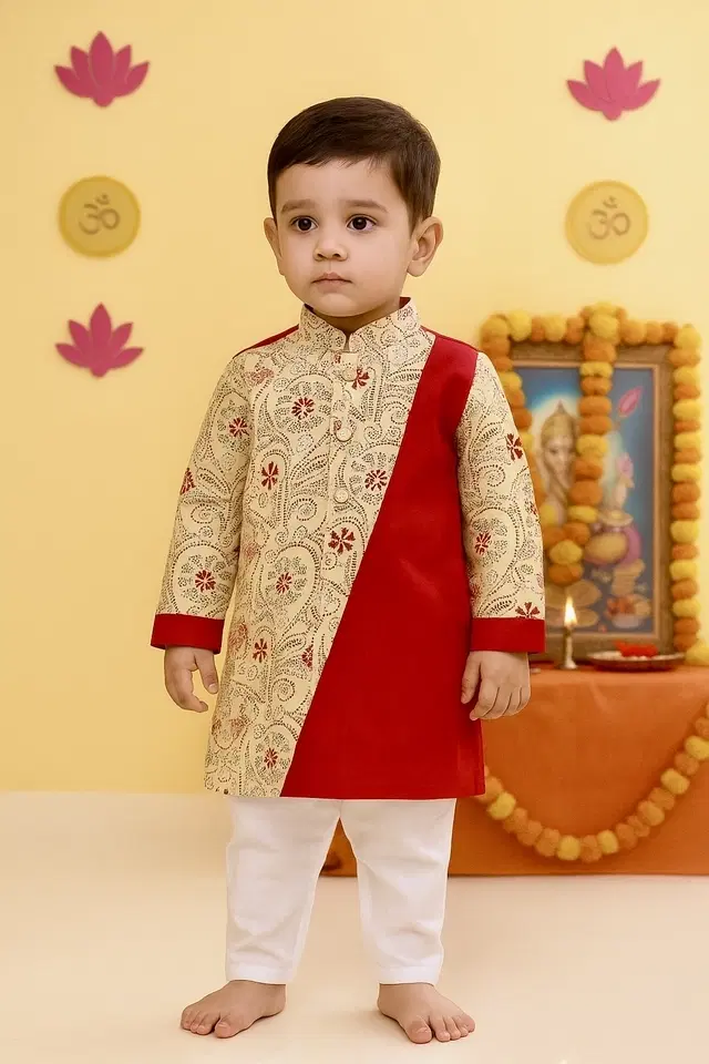 Cotton Printed Kurta with Payjama for Boys, Red & White (6-12 Months)