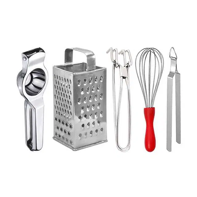 Oc9 Stainless Steel Lemon Squeezer & 4 in 1 Grater Or Slicer & Utility Pakkad & Egg Whisk & Roti Chimta Kitchen Tool Set, O-115