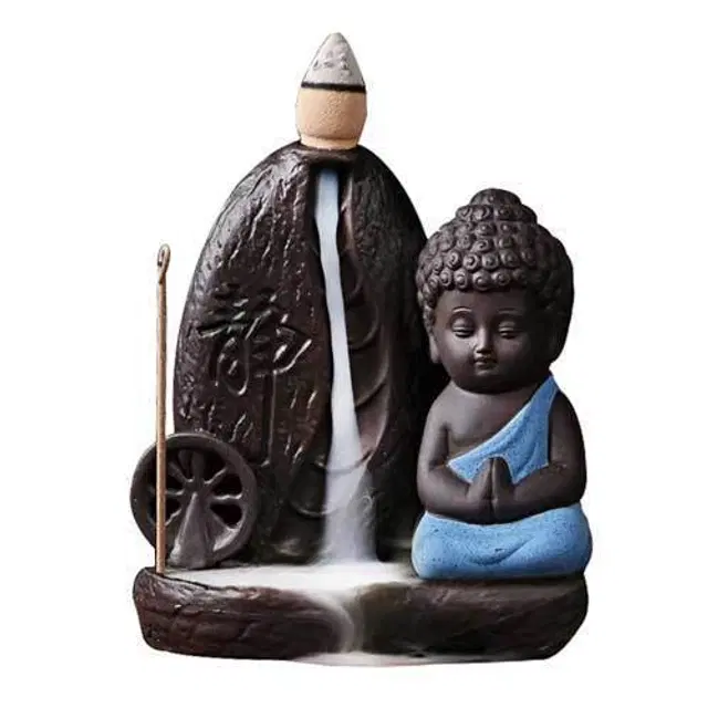 Polyresin Meditating Monk Buddha Backflow Smoke Incense Burner with 5 Cones, Assorted