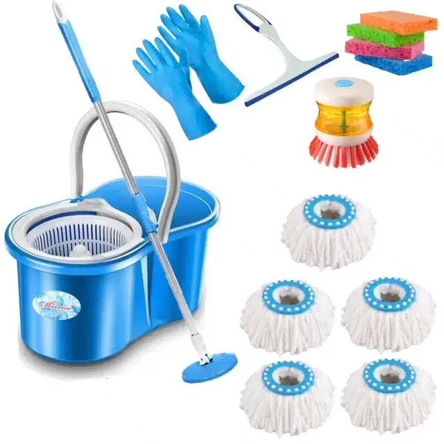 Dry Bucket Mop Set with 5 Refills & Cleaning Accessories Combo, Set of 5, Multicolor