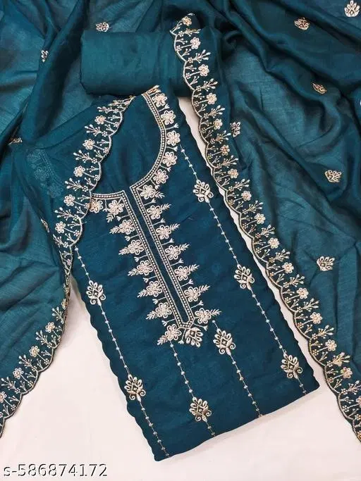 Vichitra Silk Punjabi/All Over Suits Semi-Stitched Suits (Dark Green, 7.05 meter for Women (4XL)