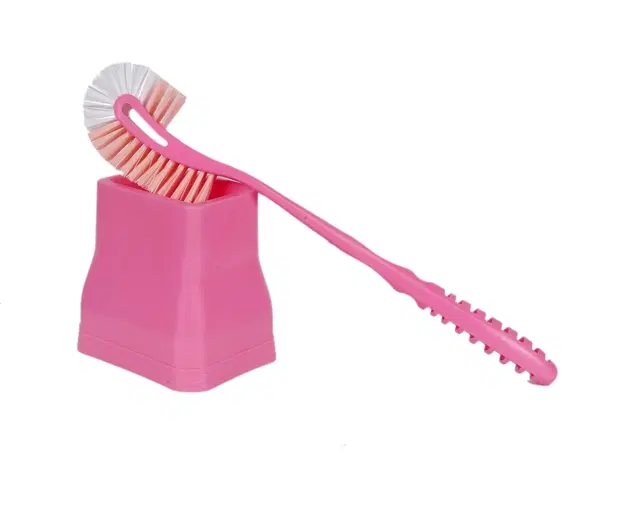 Plastic Toilet Brush with Holder, Pink & White, Set of 1