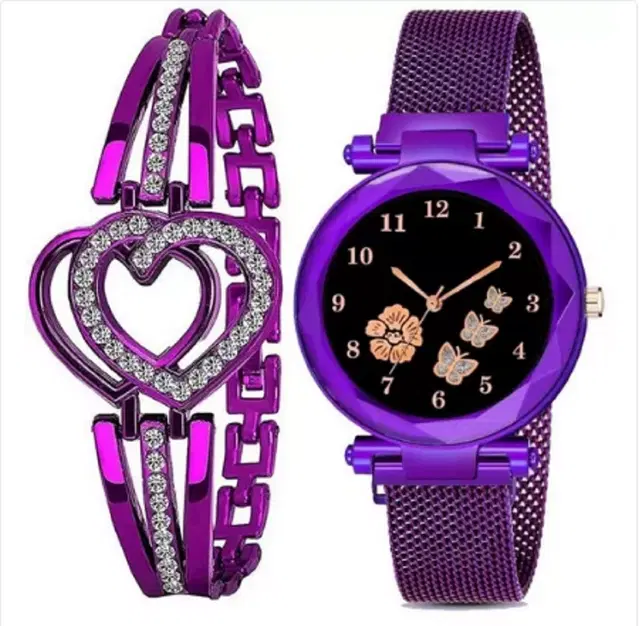 Analog Watch with 2 Pcs Bracelets for Women & Girls, Set of 2 (Purple)