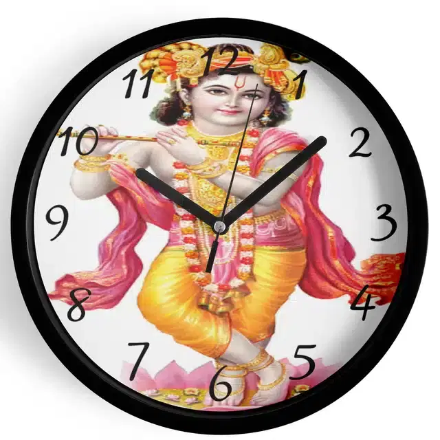 Analog Lord Krishna Wall Clock for Home, Black, 7 Inches