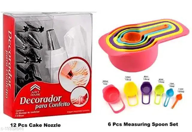 Cake Nozzles, 12 Pcs with 6 Pcs Measuring Cups & Spoons, Multicolor, Set of 2