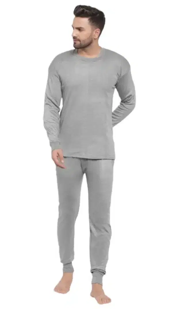 Cotton Blend Solid Thermal Set for Men (Grey, S)