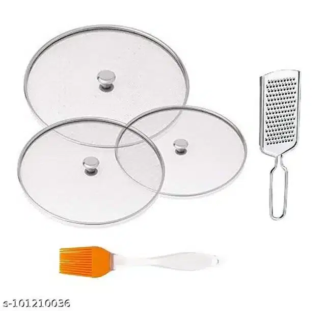 Metal Net Lids, 3 Pcs with Cheese Grater & Oil Brush, Orange & Silver, Set of 5