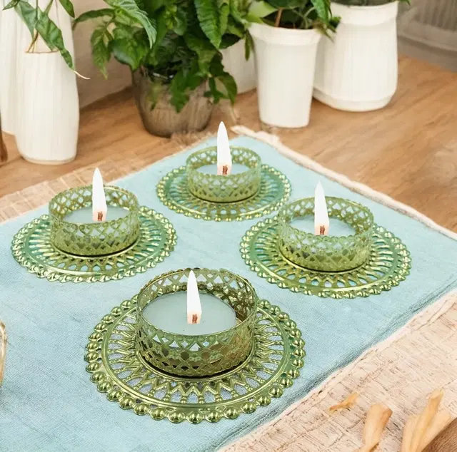 Metal Designer Tealight Candle Holder, Gold, 8x8x2 cm, Pack of 4