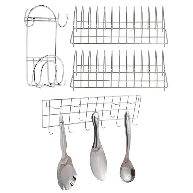 Stainless Steel Plate Stand & Chakla Belan Stand with Wall Mounted Ladle Rail, Set of 4, Silver