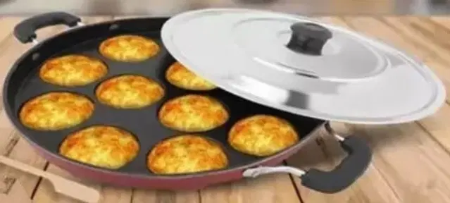 ZODEX 12 Cavities Non Stick Appam Patra with Lid and Side Handle, Multicolor, 21 cm