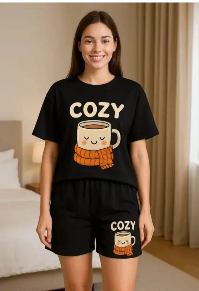 Cotton Blend Printed Top & Bottom Set for Women, Black (XS)