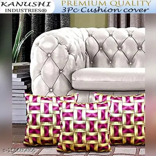 KANUSHI Industries® Decorative Cushion Covers Set Of- 3 (16x16 Inches)(CC-PURPLE-GOLDEN-LINE-3PC)