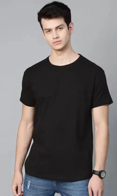 Polyester Solid T-Shirt for Men, Black (L)