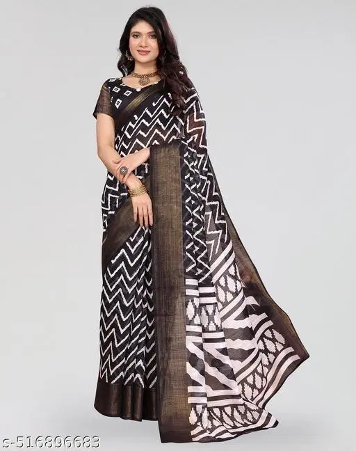 Cotton Silk Printed Saree for Women, Black (6.3 m)