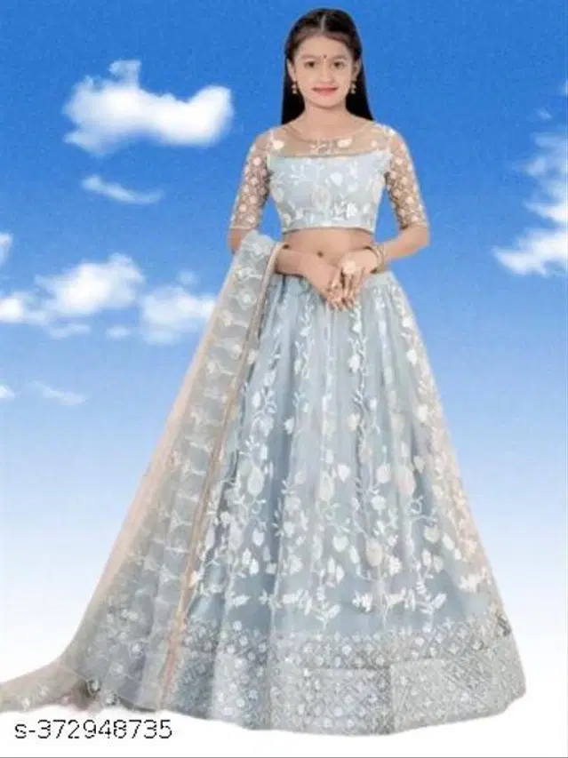 Net Lehenga with Choli & Dupatta for Girls (Blue, 4-5 Years)