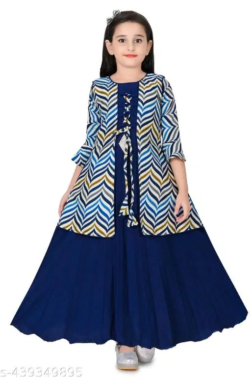 Polyester Ethnic Gown for Girls (Navy Blue, 7-8 Years)