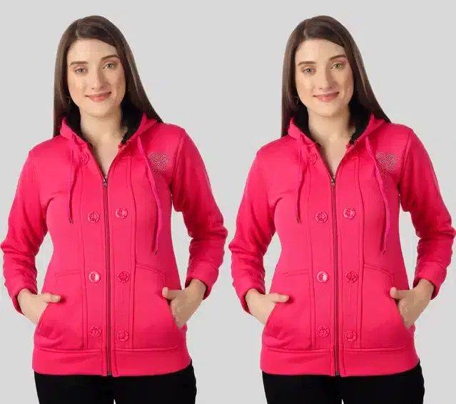 Full Sleeves Hooded Sweatshirt for Women, Pack of 2 (Pink, M)