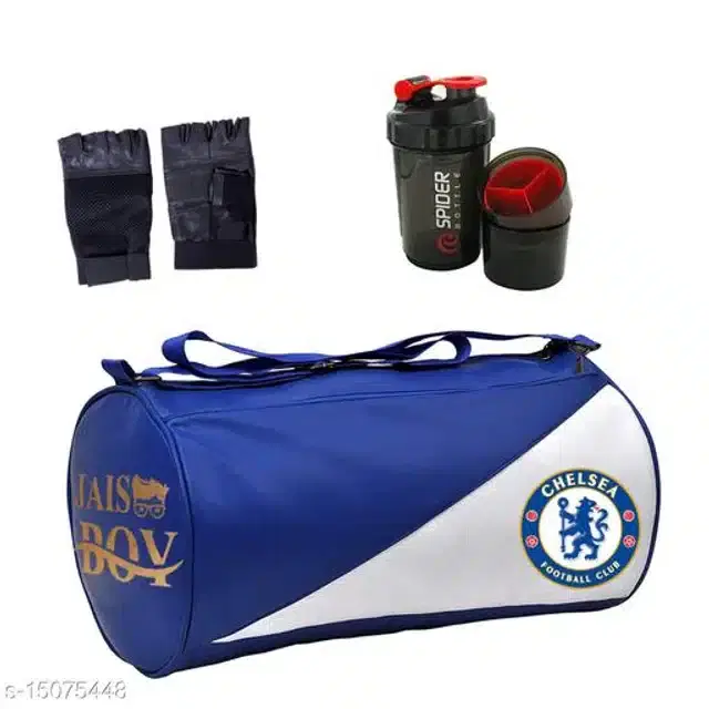 Combo of Gym Bag with Shaker Bottle, 600 ml, Gloves, Multicolor, Set of 3