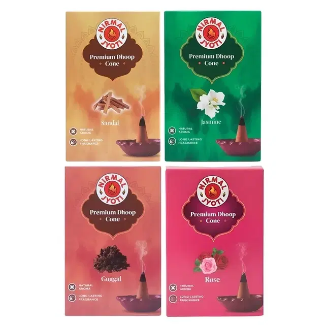 Nirmal Jyoti Dry Cone Dhoop Combo (Rose, Guggal, Sandal & Jasmine) 4X10 Pcs